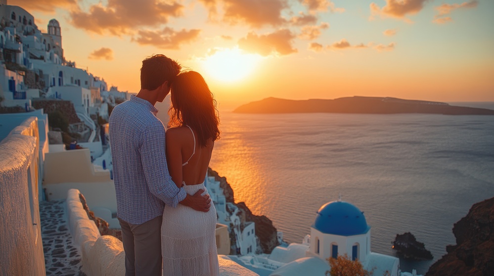 Couple devant le coucher du soleil de Santorin, Grèce, Lune de miel