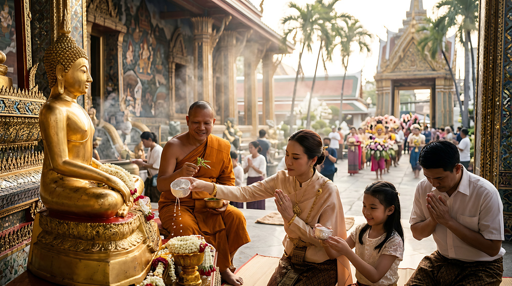 Prière avec un moine, Bouddhiste Theravada, Cambodge