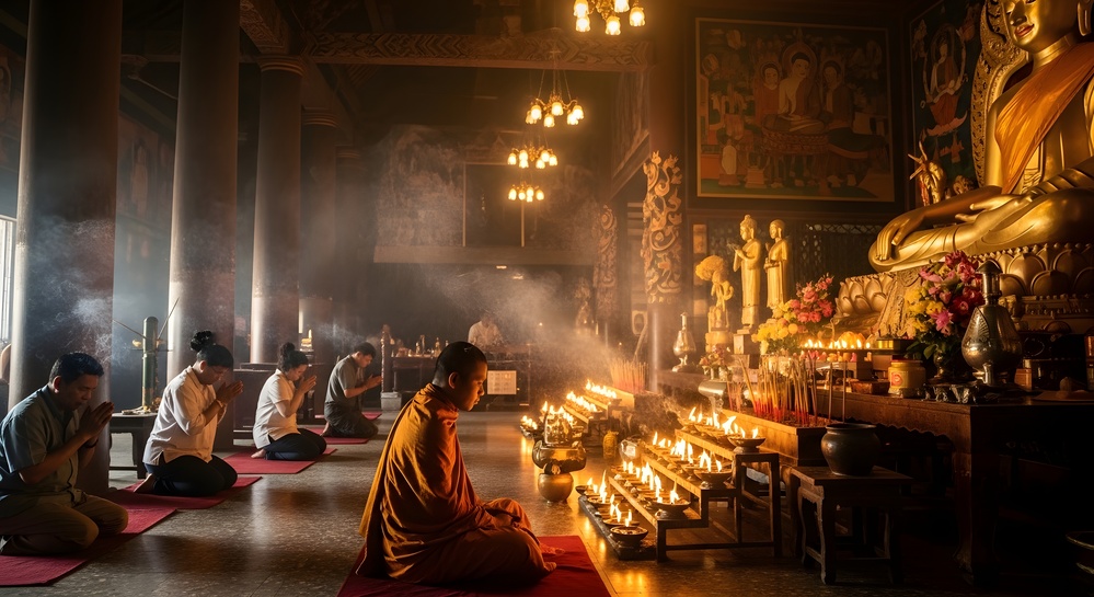 Prière bouddhiste Theravada dans un temple