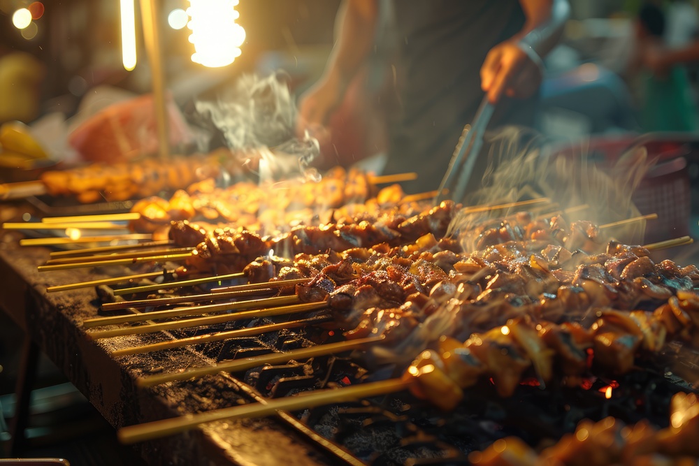 Street food, brochettes grillées, Cambodge