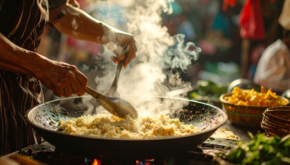 Street food, préparation plat, Cambodge