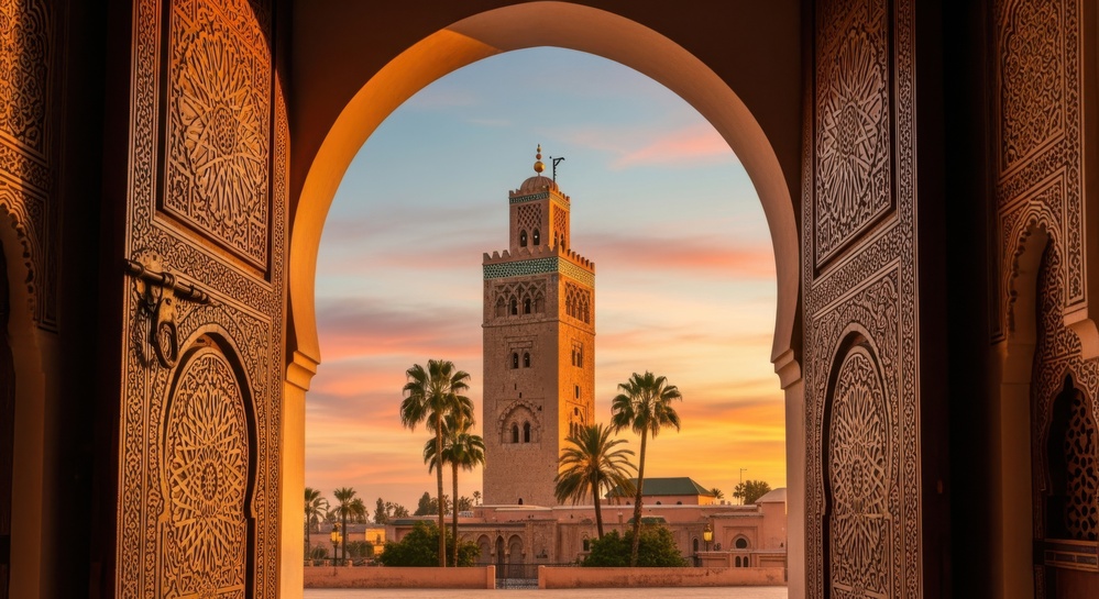 Vue sur la mosquée à Marrakech, Maroc